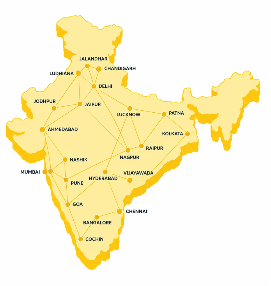 Map of India showing IG International's distribution markets: Jalandhar, Ludhiana, Chandigarh, Delhi, Jodhpur, Jaipur, Lucknow, Patna, Ahmedabad, Kolkata, Raipur, Nagpur, Nashik, Mumbai, Pune, Hyderabad, Vijayawada, Goa, Chennai, Bangalore and Cochin.