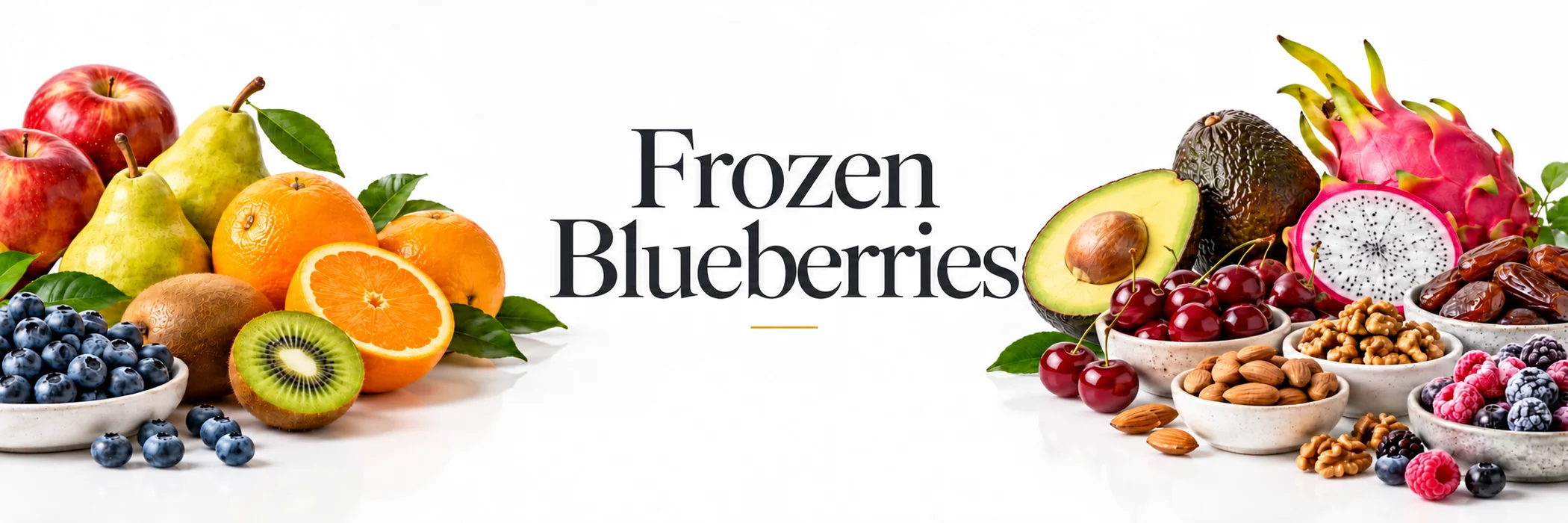 Fresh fruit, nuts and berries arranged on a white surface