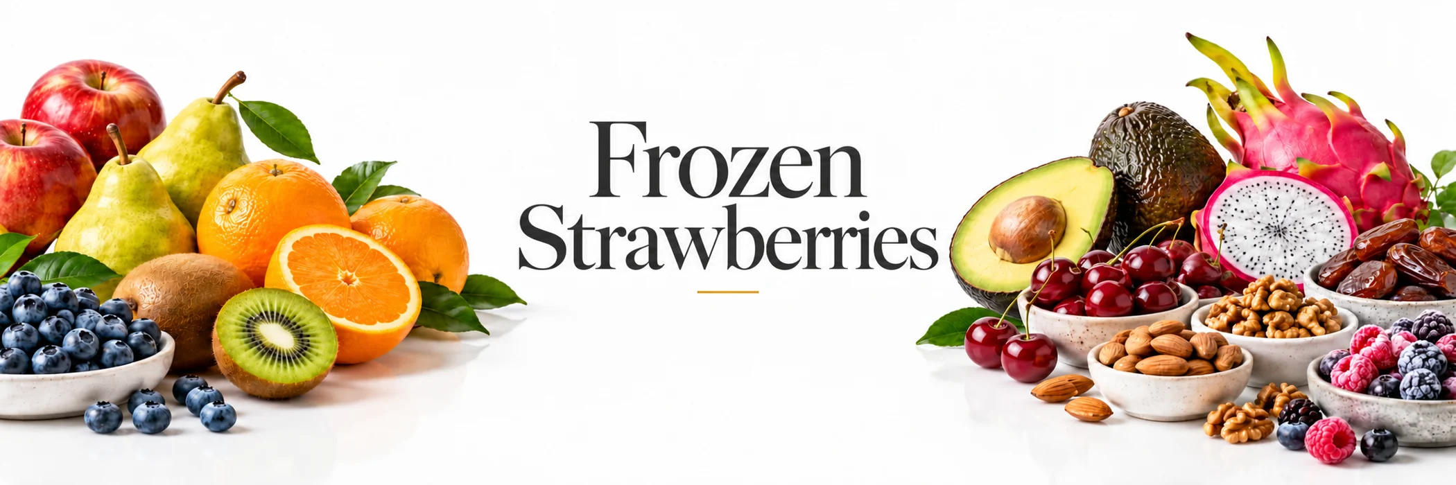 Fresh fruit, nuts and berries arranged on a white surface