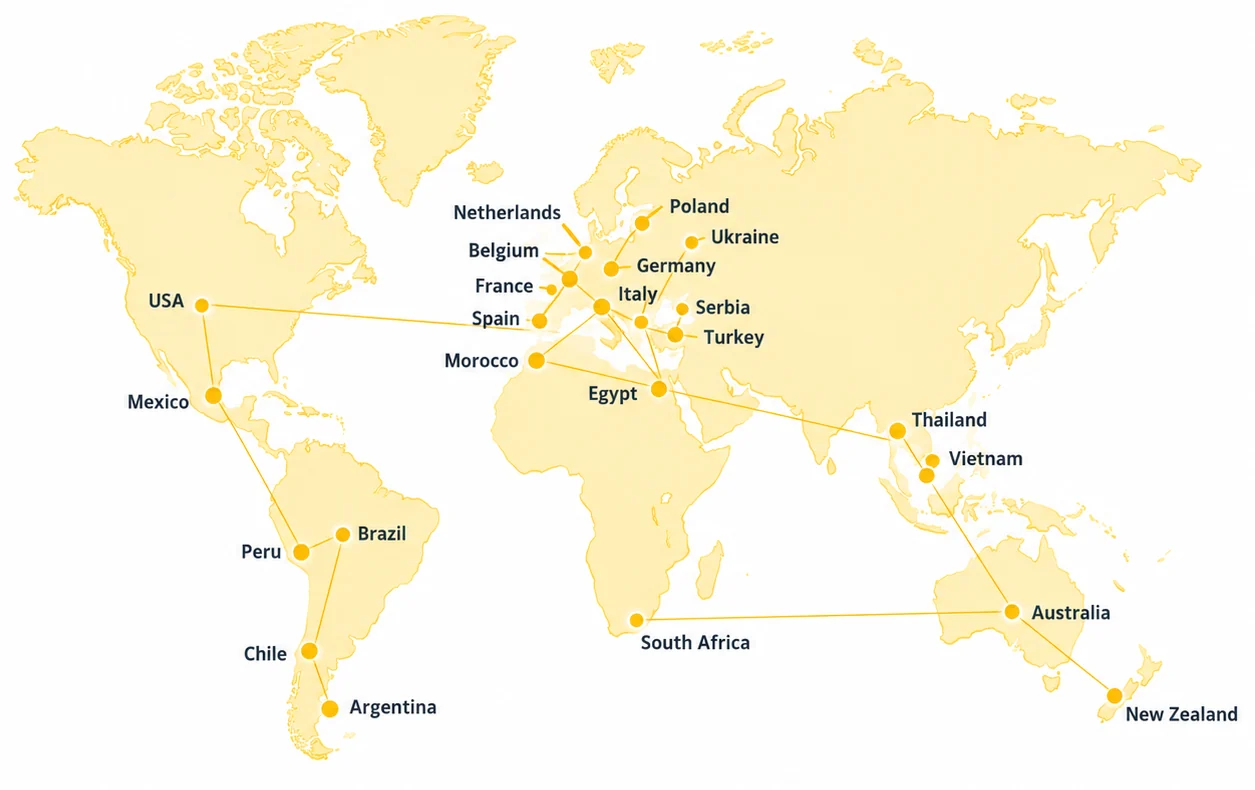 World map showing IG International's sourcing countries: USA, Mexico, Peru, Brazil, Chile, Argentina, Netherlands, Belgium, France, Spain, Germany, Italy, Poland, Ukraine, Serbia, Turkey, Morocco, Egypt, South Africa, Thailand, Vietnam, Australia and New Zealand.